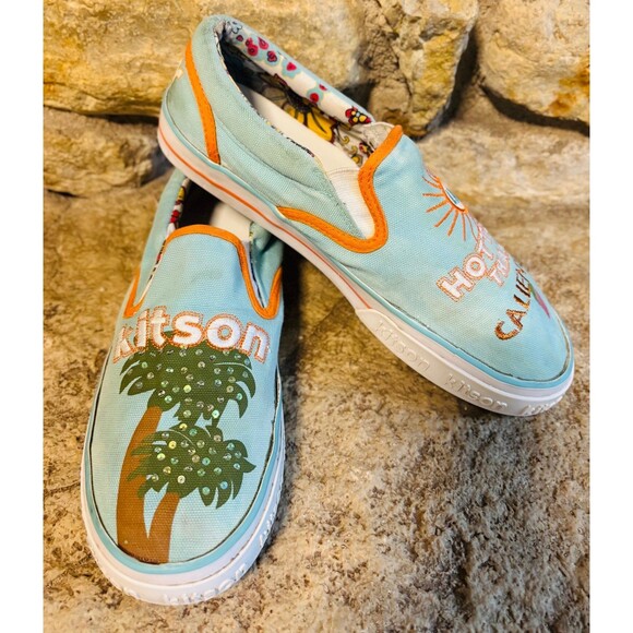 Shoes - KITSON LA Hotter Than Caliente Aqua Orange Canvas Skater Slip On Shoes 39 or 8.5